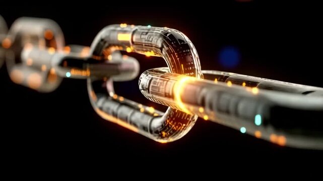 3D abstract blockchain digital chain background with glowing binary code data flow connecting metal links, representing cryptocurrency security, cyber security, decentralized technology, and fintech b