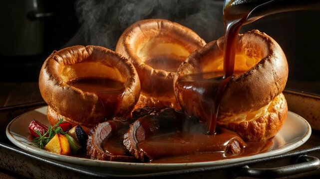 Traditional Sunday Roast Beef with Golden Yorkshire Puddings and Rich Brown Gravy Pouring Over Meat and Vegetables - Classic British Family Dinner with Steam Cinematic Food Footage
