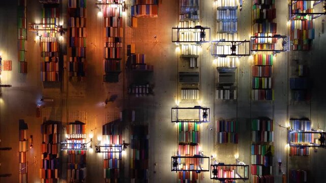 Aerial overhead view of a illuminated container terminal dock with loading and unloading activity by cranes and trucks off cargo ships during evening