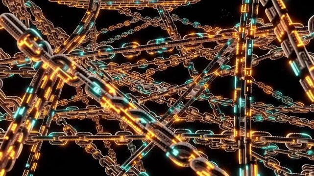 Digital Blockchain Metal Chain with Glowing Binary Code, Cyber Security and Cryptocurrency Technology Concept, Futuristic Data Protection and Connection, Golden Light Tech Elements on Black Background