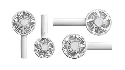 Set of white handheld mini fans in various angles isolated on transparent background © Terri