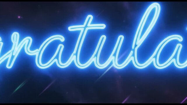 "Congratulations" displayed in vibrant blue neon script against a dark outer space background, featuring swirling purple nebulas and dynamic shooting stars, symbolizing achievement, success, and celeb