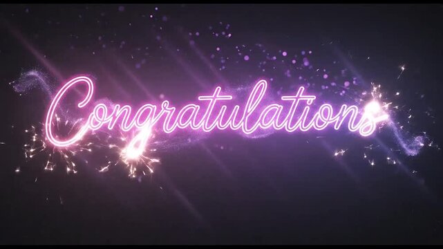 A vibrant congratulations message glows with dazzling purple and pink neon light, surrounded by an elegant swirl of glittering particles, symbolizing joy, achievement, success, and warm wishes for spe