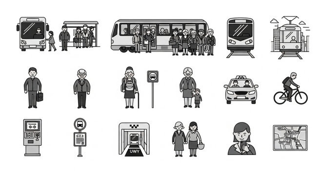Collection of Pixel Art Icons Representing Urban Transportation and People.