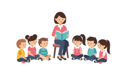 A female teacher is sitting on a small stool while reading a storybook to six little kids who are sitting around her on the floor.