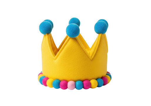 A yellow felt crown with colorful pom poms