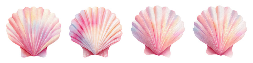 Watercolor seashells painted with soft pastel pink, orange, and blue hues, creating a gentle marine theme and elegant ocean inspired decorative element or pattern © Narin