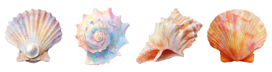 Seashells and conch watercolor collection painting with a pearl, featuring soft pastel colors and shimmering textures, evoking tropical ocean summer vacation and beach themes © Narin