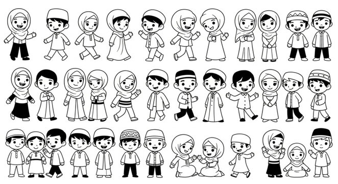Collection of Muslim children in various poses and outfits, black and white.
