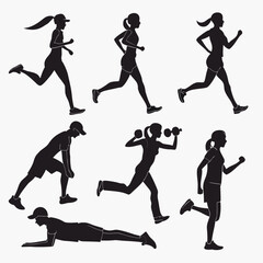 Fototapeta premium A set of black silhouette icons depicting people engaging in various fitness activities such as running, weightlifting, and push-ups