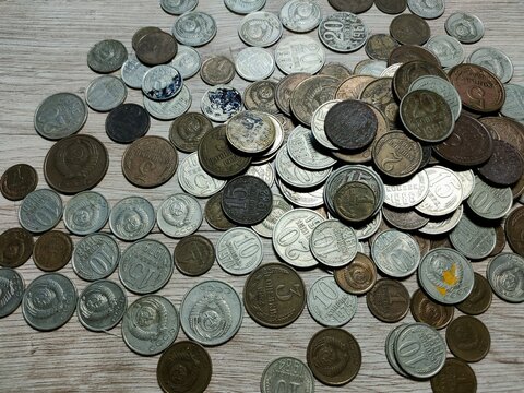 Old Soviet coins in bulk, Soviet money, rubles and kopecks, photo of coins of the Soviet Union
