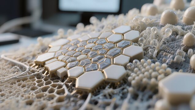 Futuristic 3D abstraction of a nanostructure with white hexagonal cells and golden contacts. Concept of advanced technology, neural networks, quantum computing, and innovation