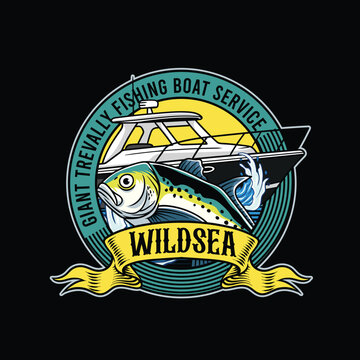 Giant trevally fish jumping in front of a modern fishing boat for wildsea fishing service logo