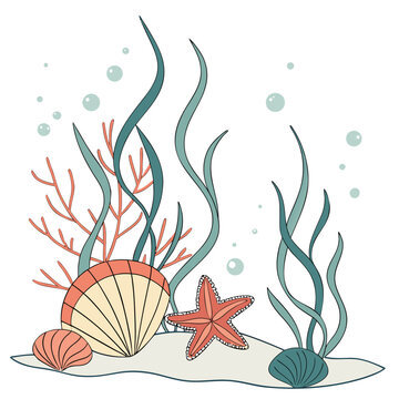 Underwater scene, ocean elements, seaweed, shell, starfish, coral, vector illustration