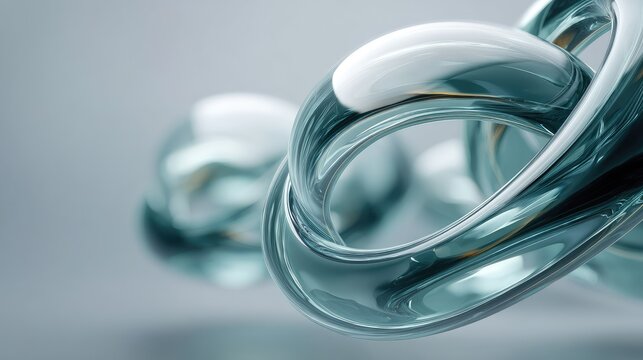 Abstract glass shapes intertwining in a fluid motion, showcasing transparency, reflection, and light play in a modern artistic composition