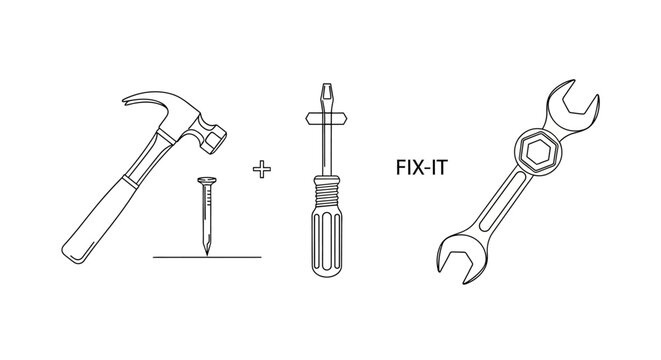 Hammer, screwdriver, wrench, nail and fix-it text icon set