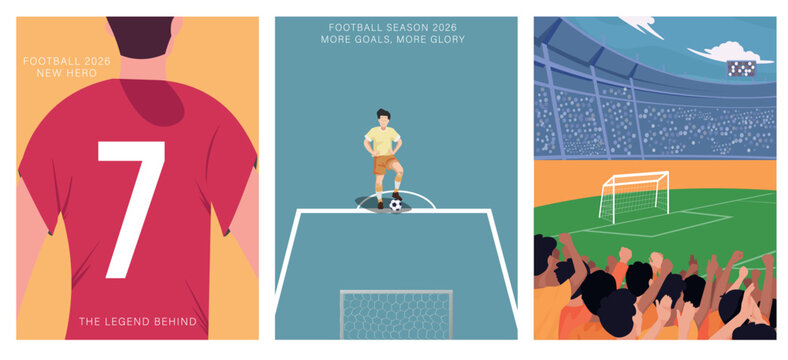  Football Championship 2026 legend behind poster collection; flat vector illustration of football player jersey, kickoff, and stadium crowd for tournament sports marketing art