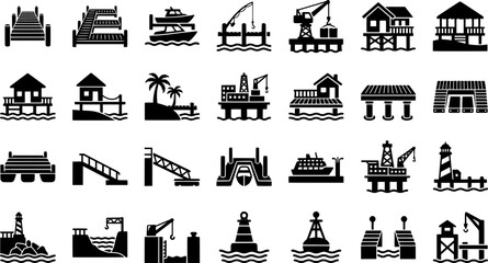 Fototapeta premium Black silhouette beach icon set featuring boats, palm trees, and fishing piers 