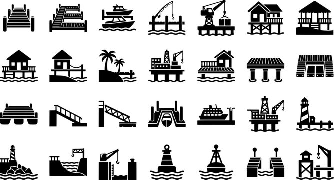 Black silhouette beach icon set featuring boats, palm trees, and fishing piers
