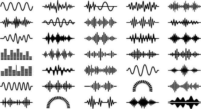 Set of black sound waveforms and equalizer bars on white background
