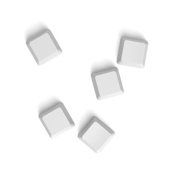 Five white keyboard keys isolated on white background. Copy space. Button. Blank. 3d illustration.