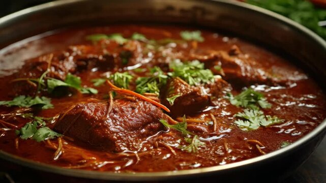 Vibrant and richly flavored curry stew with chunks of meat, garnished with herbs.