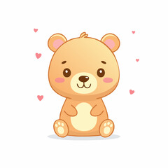 Obraz premium Cute cartoon teddy bear sitting with hearts around it on a white background, conveying a sweet and playful mood.