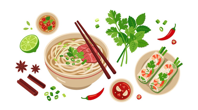 A vibrant flat illustration featuring a bowl of pho soup with noodles, beef, and herbs, accompanied by fresh ingredients like lime, chilies, and spring rolls.