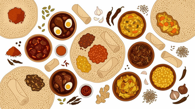 A vibrant, stylized illustration showcases a traditional Ethiopian feast, featuring injera bread, various colorful stews, spices, and key ingredients on a white background.