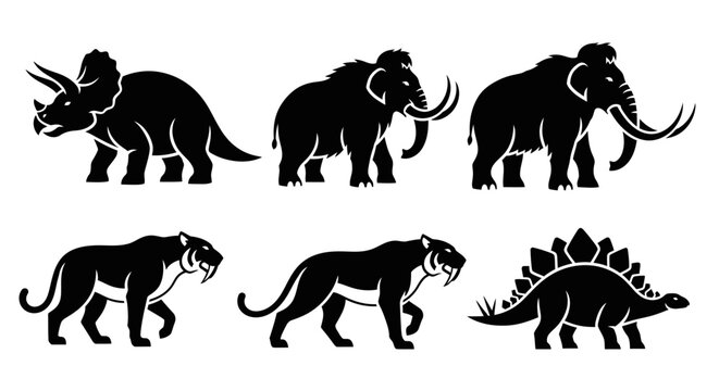 Prehistoric Animals Silhouettes Set: Dinosaurs, Mammoths, Saber-toothed Tigers Icons