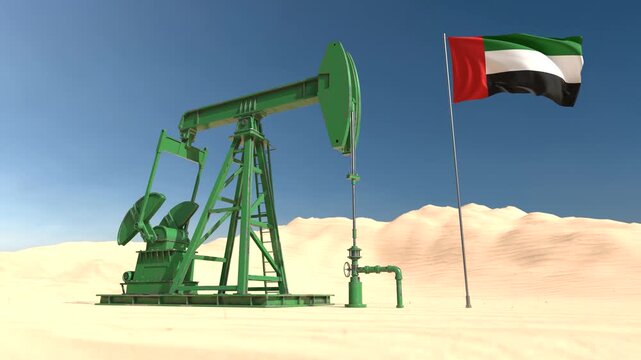 UAE oil industry concept with pumpjack and national flag in desert landscape, Looping video. 3D Render