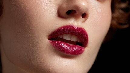 Naklejka premium Close-up of perfect lips adorned with vibrant glossy burgundy lipstick emphasizing beauty, fashion, and elegance against a dark background