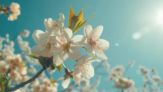 Soft sunlight glows through cherry blossoms. Petals drift gently against a clear blue sky. Delicate white blooms frame a vibrant yellow leaf. Branches extend softly into the bright background