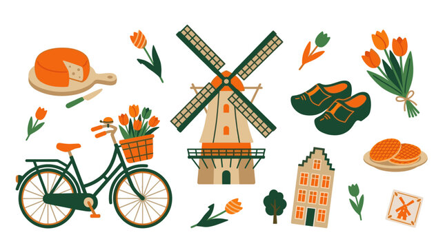 A vibrant collection of Dutch cultural symbols including a bicycle, windmill, tulips, cheese, clogs, and waffles presented in a cheerful, flat design style.