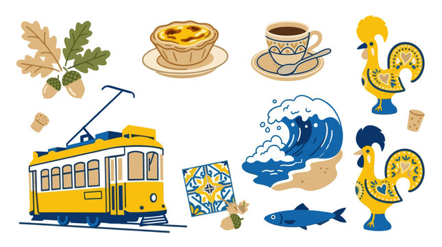 A charming collection of traditional Portuguese symbols illustrated in a folk art style, featuring a tram, rooster, pastel de nata, coffee, and wave.