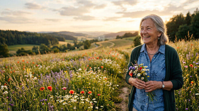 Bella signora pensionata di 80 anni felice in un prato fiorito pieno di fiori colorati in primavera