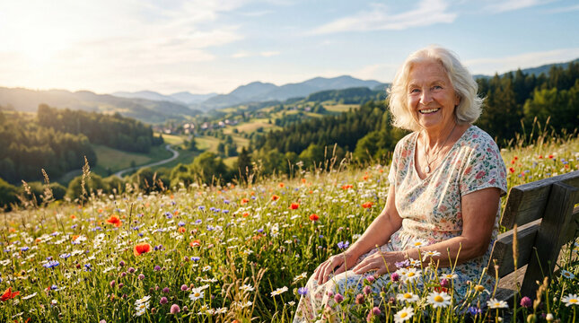 Bella signora pensionata di 80 anni felice in un prato fiorito pieno di fiori colorati in primavera