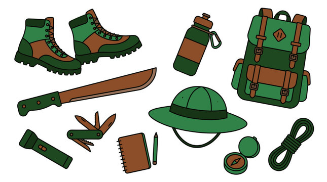A collection of illustrated outdoor adventure equipment including boots, backpack, machete, compass, and rope on a white background.