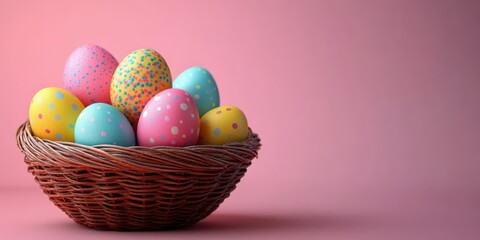 Fototapeta premium Colorful Easter Painted Eggs in Wicker Basket and Copy Space on Pink Background for Christian Festive Celebration.
