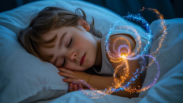 Child sleeping peacefully with glowing brain illustration representing dreams imagination and cognitive development concept