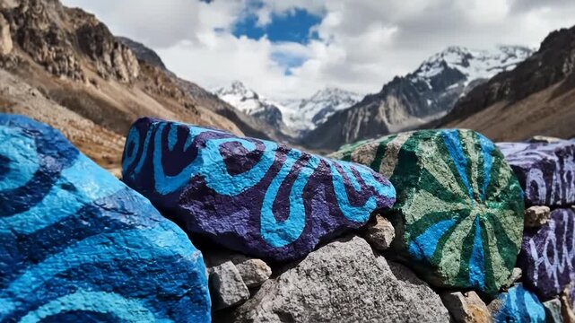 Colorful painted stone wall in high mountain valley