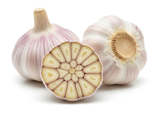 Three garlic bulbs on a white background