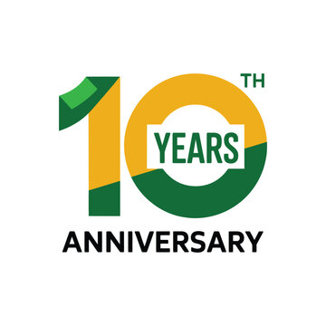 A colorful 10th anniversary logo with green and yellow design