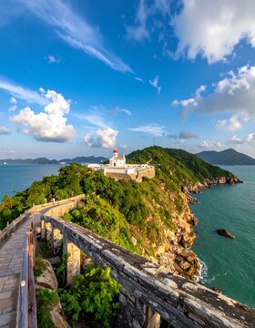 Dramatic coastal view of Hok Tsui Lighthouse in Hong Kong.