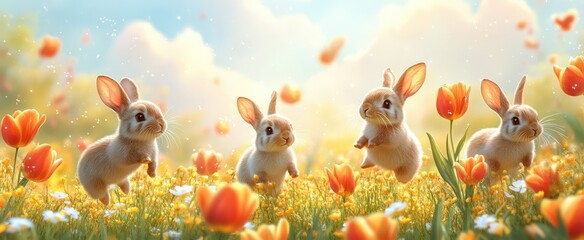 Naklejka premium Cartoon Easter Bunnies in Field of Flowers Background.