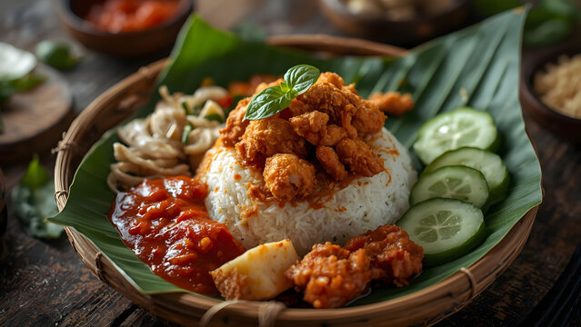 Nasi Lemak: Traditional Malaysian Coconut Rice Dish with Sambal and Fried Chicken