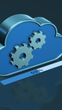cloud with gears and a progress bar, concept of cloud computing and data transfer, vertical video (3d render)