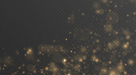 Fototapeta premium Yellow dust glimmers in night light on black background, sparkle, shimmer, glitter bokeh. Twinkle particle, stardust highlights flare while sparks, glare, lens flare magical PNG vector illustration.