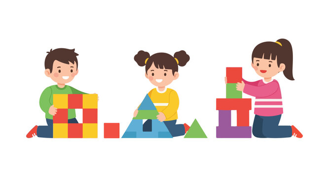 Three happy children sit on the floor playing with colorful geometric building blocks in a bright and playful vector illustration.