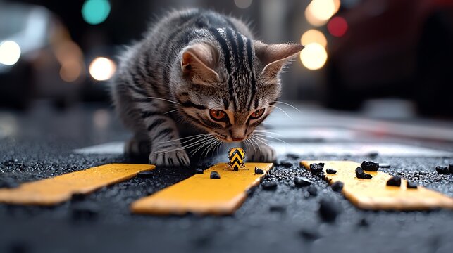 Curious kitten encounters a miniature world on a city street at dusk